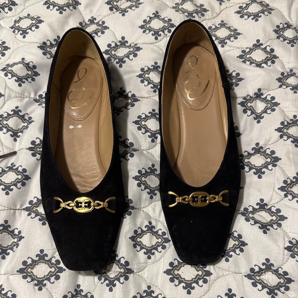 Sam Edelman Black Heels with Gold Chain Detail black suede